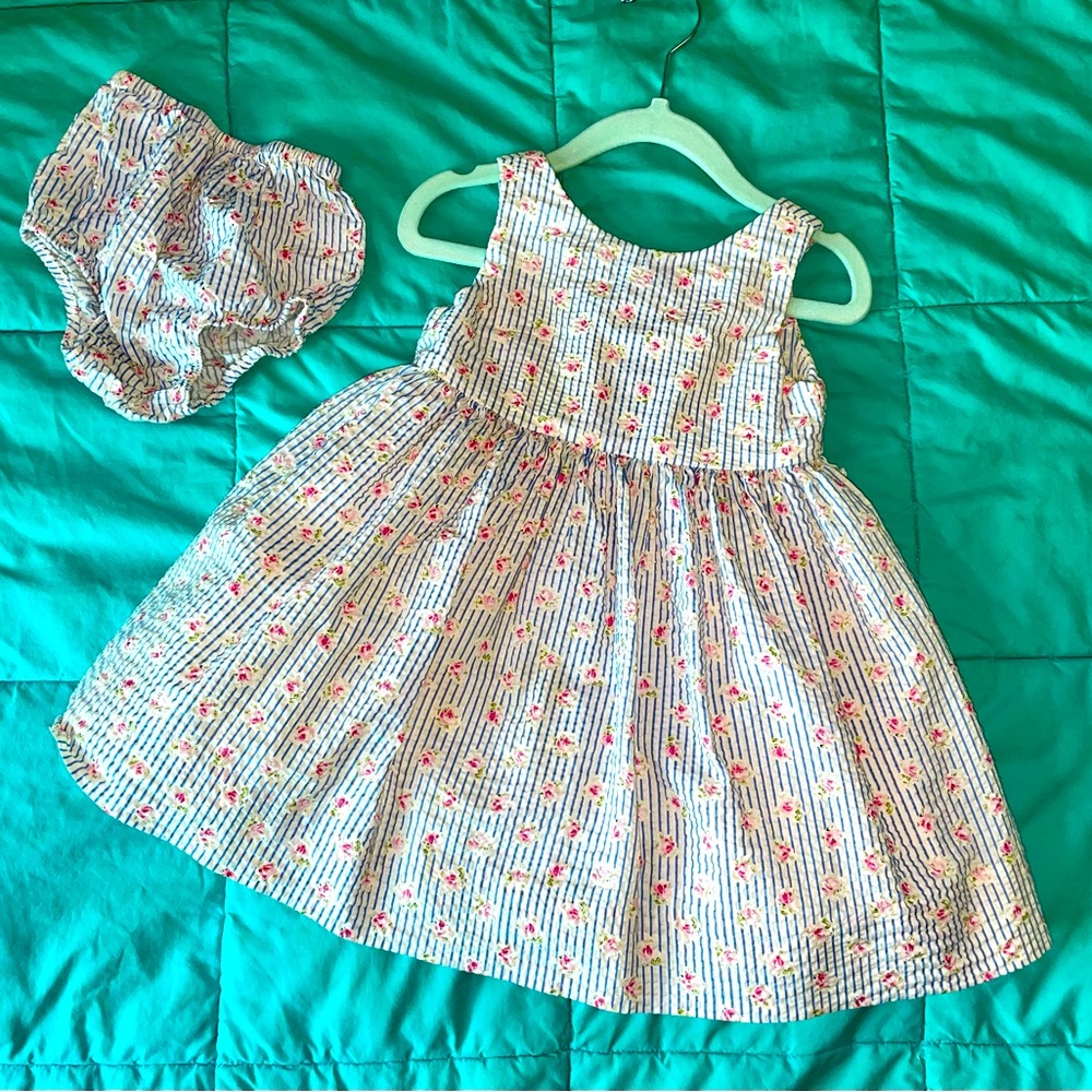 Ralph Lauren baby girl dress - 12 month - blue stripe seersucker, pink flowers